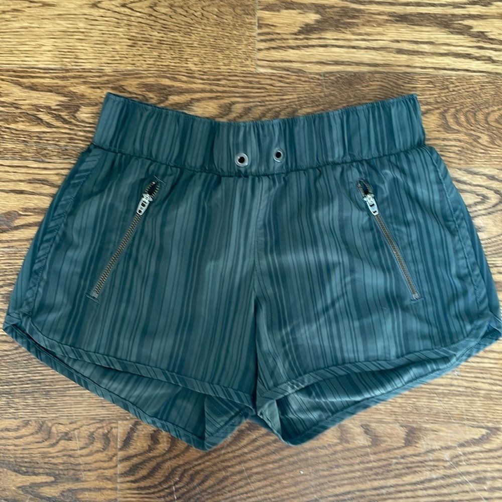 Athleta Running Sway Shorts Olive Green with Gray Vertical Stripes Size XXS